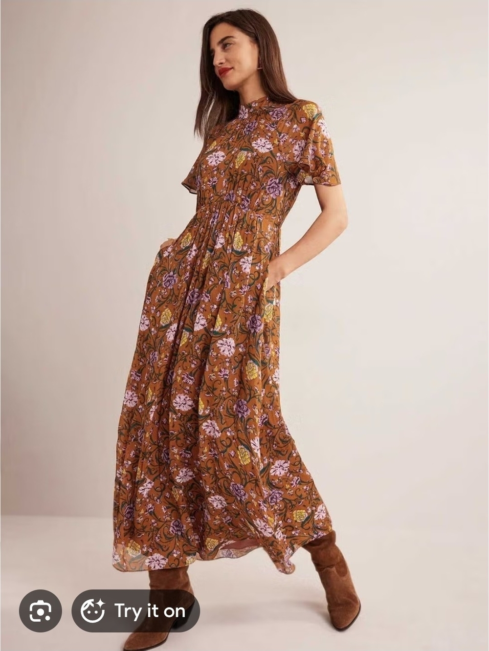 Boden Rust Floral Maxi Dress with Lavender and Mustard Accents - Size 14R